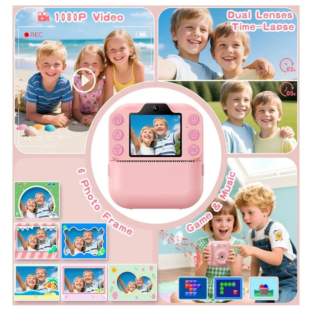 Kids Instant Print Camera – Coxlame Pink Digital Camera, New, 64GB SD, Stickers,